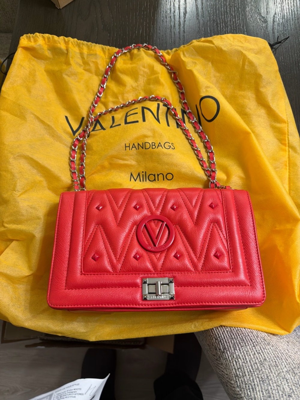 Valentino Red Quilted Leather Shoulder Bag with Chain Strap